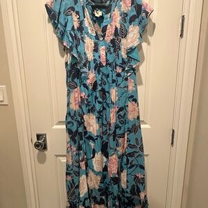 Anthropologie Blue and Pink Floral Maxi Dress